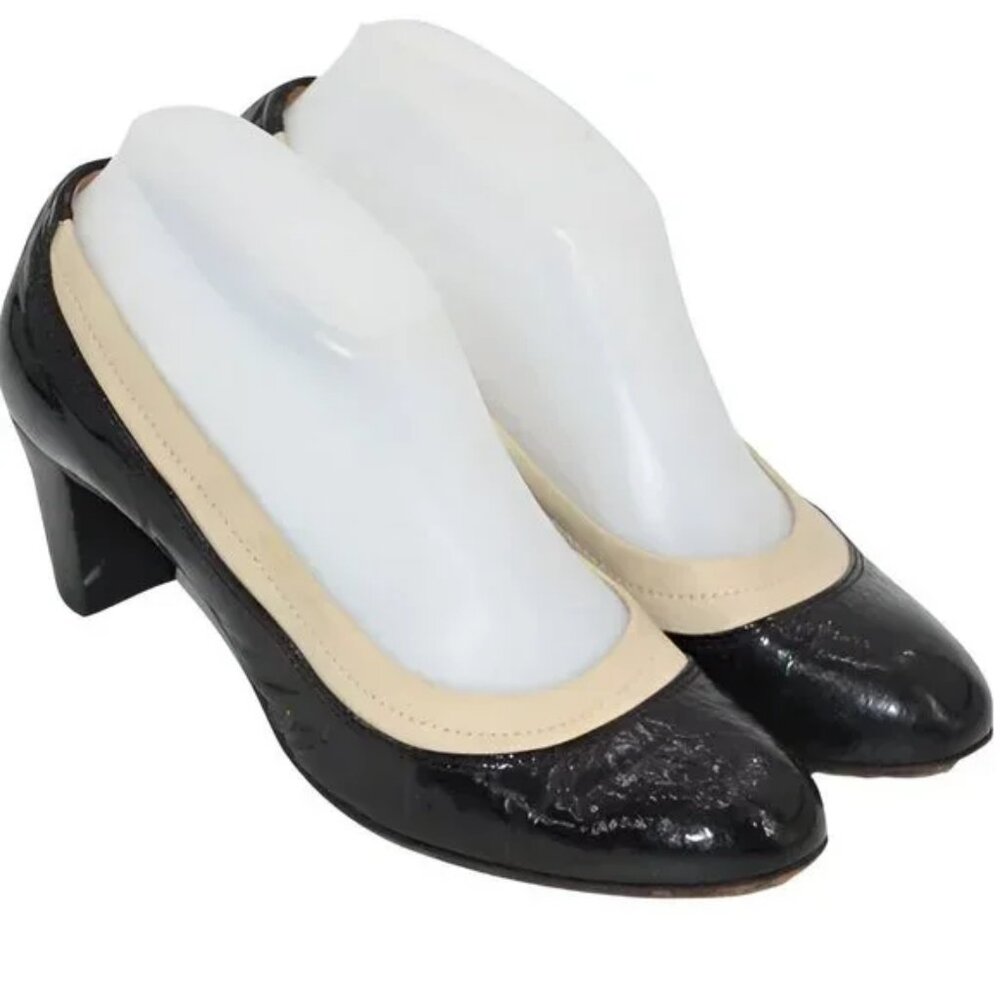 Leombruni Ivory Black Minimalist Stretch Patent Leather Heels Pumps 7.5 37.5